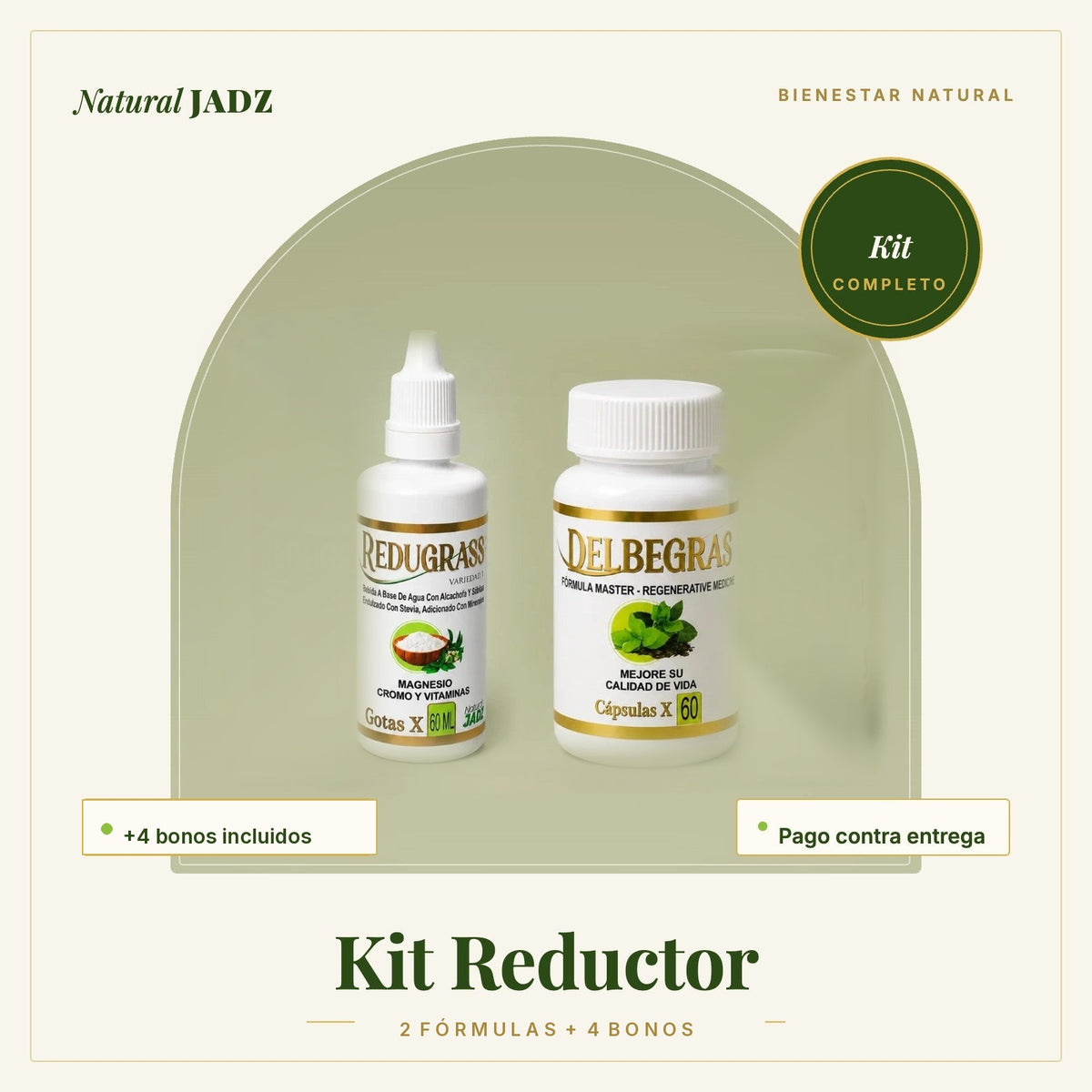 Kit Reductor Natural JADZ: Gotas Redugrass y Cápsulas Delbegras, con 4 bonos incluidos